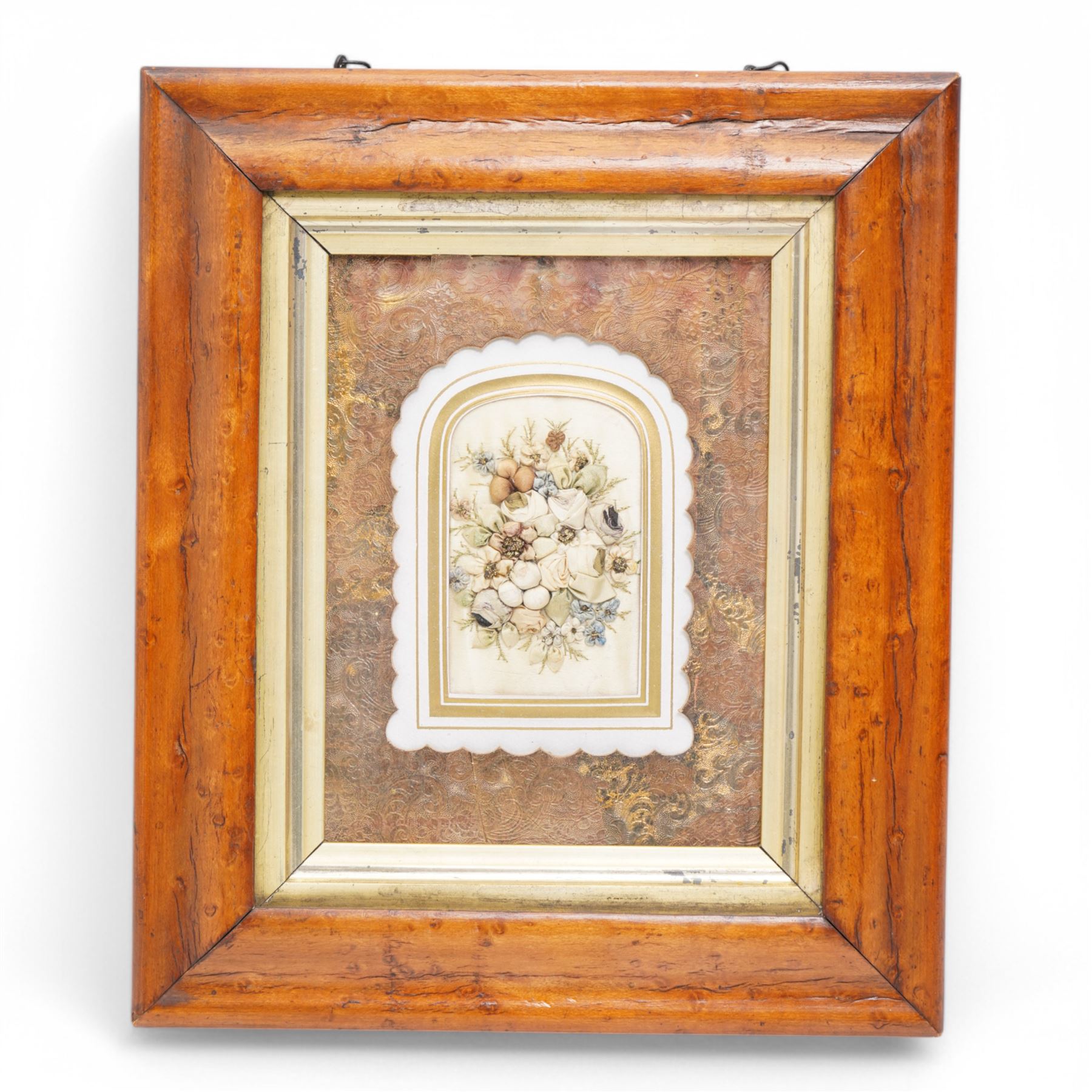 Victorian ribbonwork in maple frame, frame 27cm x 23cm 