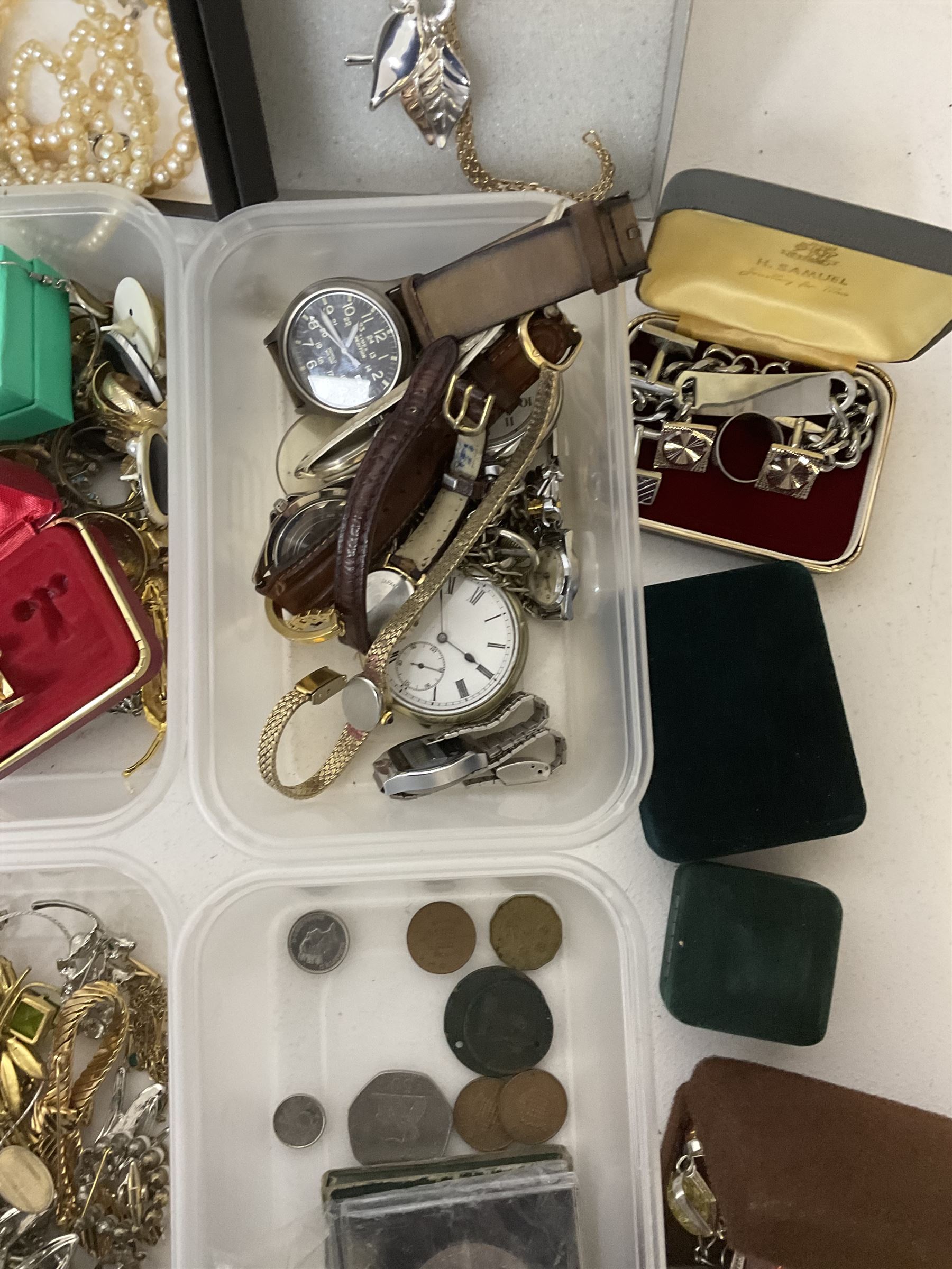 Collection of costume jewellery, including earrings, beaded necklaces, bracelets, wristwatches and boxes 