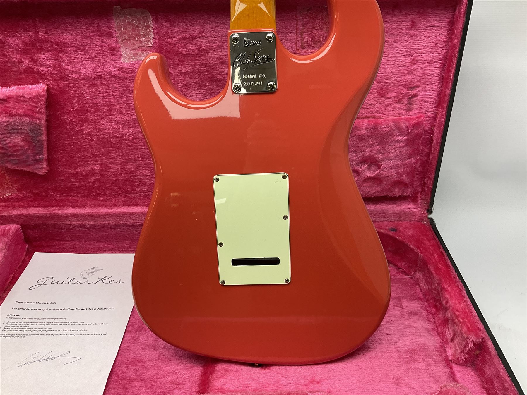 Burns Club Series Marquee electric guitar in fiesta red with maple fretboard; serial no.2002491 L100cm; in hard case with GuitarKes service and set-up certificate dated January 2022