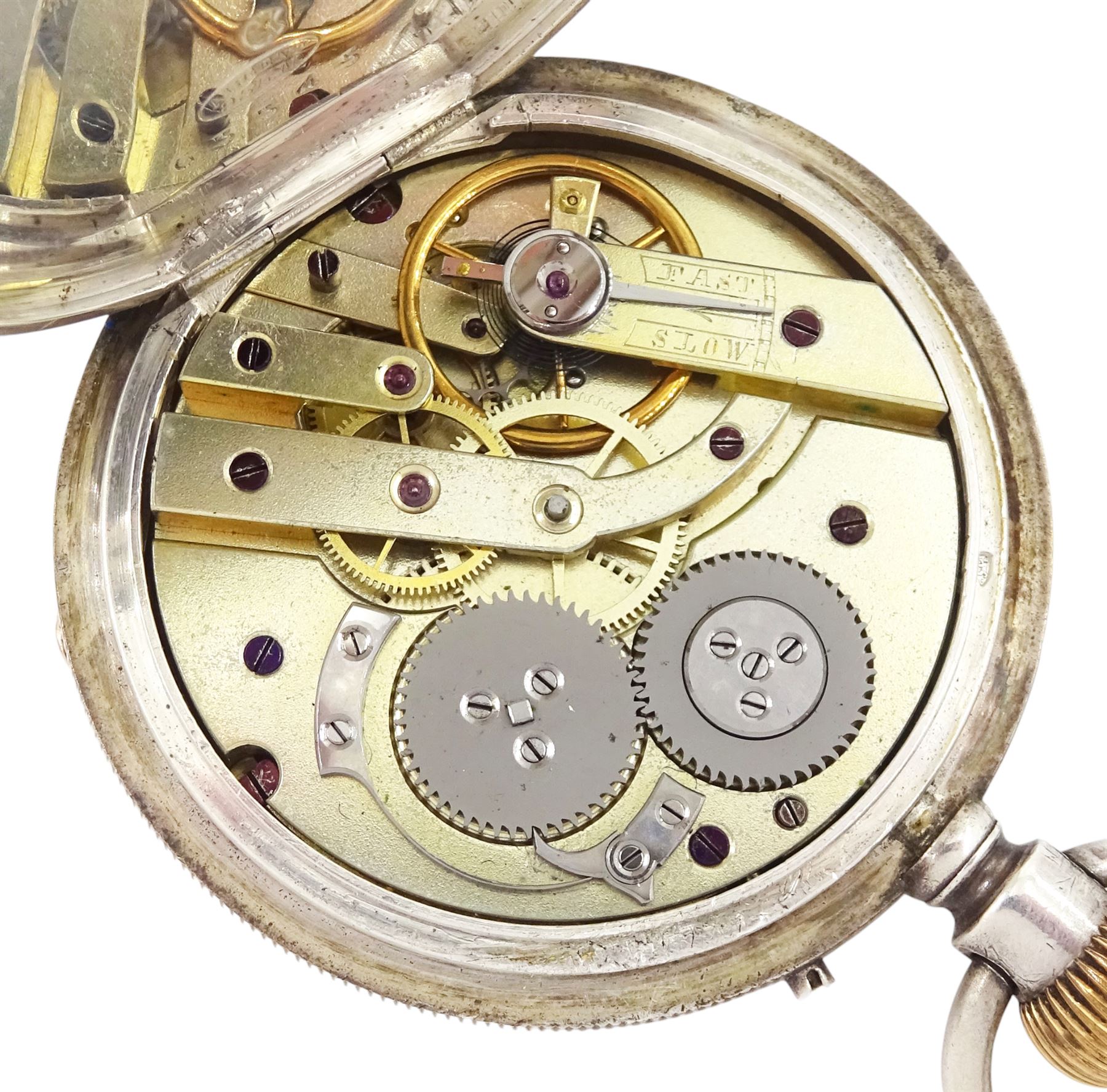 Early 20th century silver open face keyless cylinder pocket watch, 'Examined by Barraud & Lunds, London', No. 4764, white enamel dial with Roman numeral hour markers and subsidiary seconds dial, Swiss hallmark, on silver Albert chain