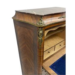 Mid-20th century Louis XVI design Kingwood and walnut secretaire à Abattant, shaped serpentine form with dark rouge variegated marble top, the fall front disguised as three drawers enclosing birdseye maple interior with shelf, drawers and writing surface, four functioning drawers below, decorated with cast gilt metal mouldings and mask cartouches, on skirted base with egg and dart moulded gilt metal edge