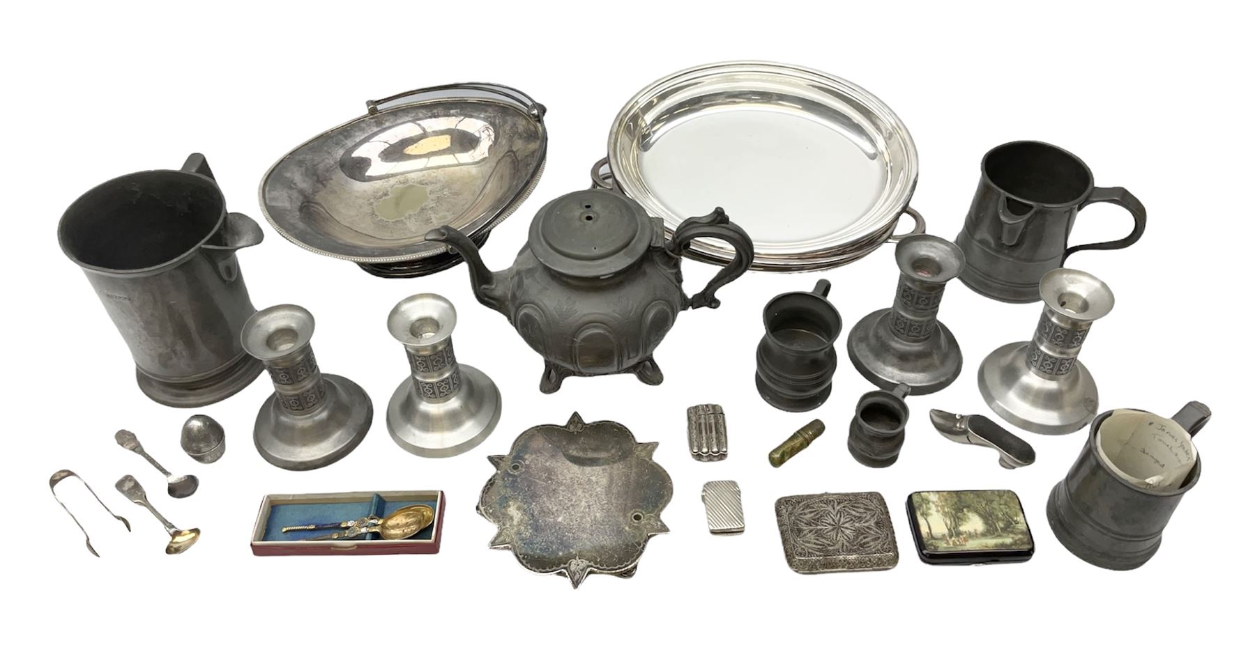Collection of pewter to include, quart jug, one pint jug measure, teapot etc and other metalware including two Walker & Hall serving dishes