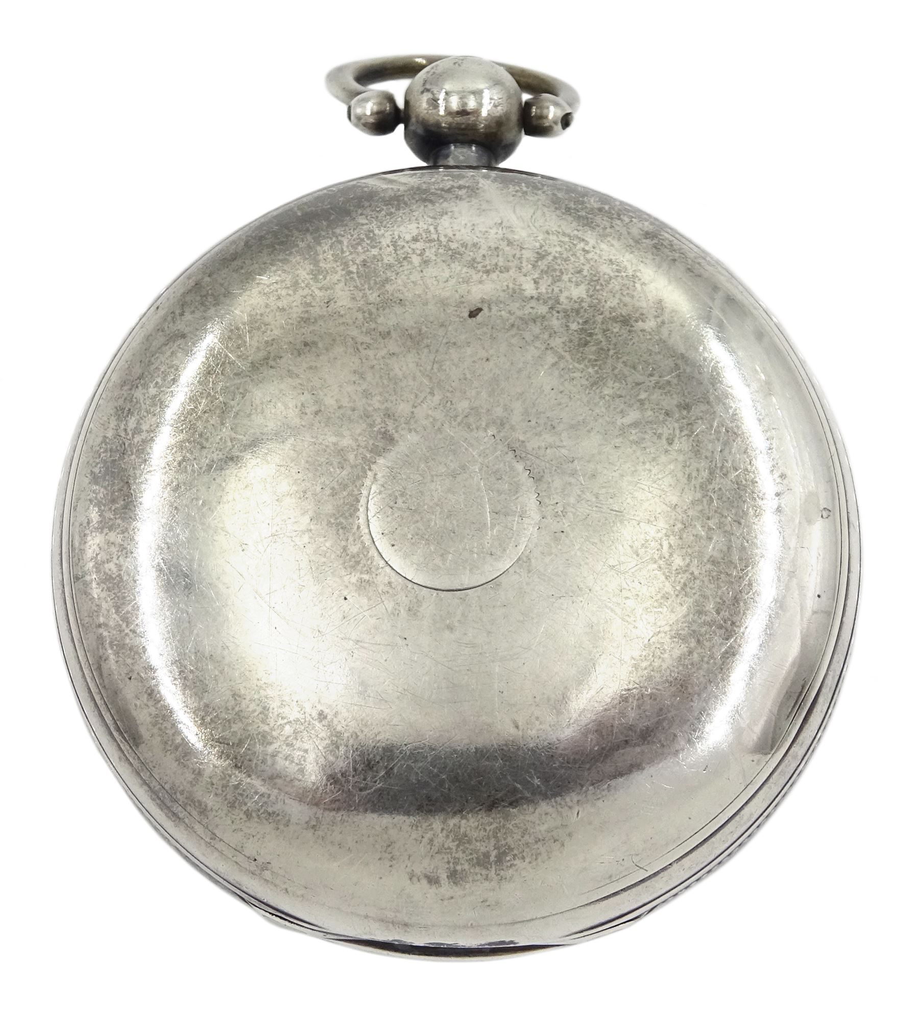 William IV English lever fusee pocket watch by John Morse, Malmesbury, No. 969, round pillars, engraved balance cock decorated with a mask and diamond endstone, white enamel dial with Roman numerals and subsidiary seconds dial, case makers mark J.P, London 1833 