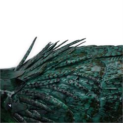 Pair of metal herons, in green and silver tones, with heads raised, H94cm