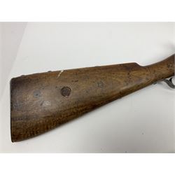 19th century Indian .577 Enfield muzzle loading rifle, proofed for 26-bore, the 98.5cm barrel with three barrel bands and later ram rod L140cm overall; 19th century Belgian side-by-side double barrel percussion shotgun, approximately 20-bore, with 74cm barrels and studded walnut stock, lock plate marked 'Liege 1868' and 'V. Gulikers-Maquinay' L117cm overall; and another side-by-side double barrel shotgun by Smythe with underlever opening (3)