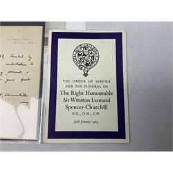 Disbound WW2 album relating to the battleship HMS King George VI containing over fifty various size loose photographs of the ship in action, guns firing, crew members, aircraft, two of George VI on board, three of Winston Churchill on board, official 1942 Christmas messages including Franklin Roosevelt etc; together with unrelated printed letter on 10 Downing Street notepaper from Winston Churchill; and Order of Service for Churchill's funeral at St. Paul's Cathedral 30th January 1965
