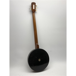 Early 20th century five-string banjo with ebonised frame and walnut neck, the headstock with engraved nickel plated mounts, impressed No.44A, L91cm