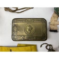 WW1 British Army Officers 'Ever ready' trench lamp, 1940s civil defence corps welfare armband, WW1 Christmas 1914 Princess Mary brass gift box, two boxed gas masks, other war ephemera to include National Savings stamp book, clothing book, motoring goggles stamped Aug 1917 etc