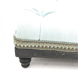 Early 20th century ebonised long low footstool, upholstered in a deep buttoned sky blue fabric, turned supports, W126cm, H20cm, D28cm