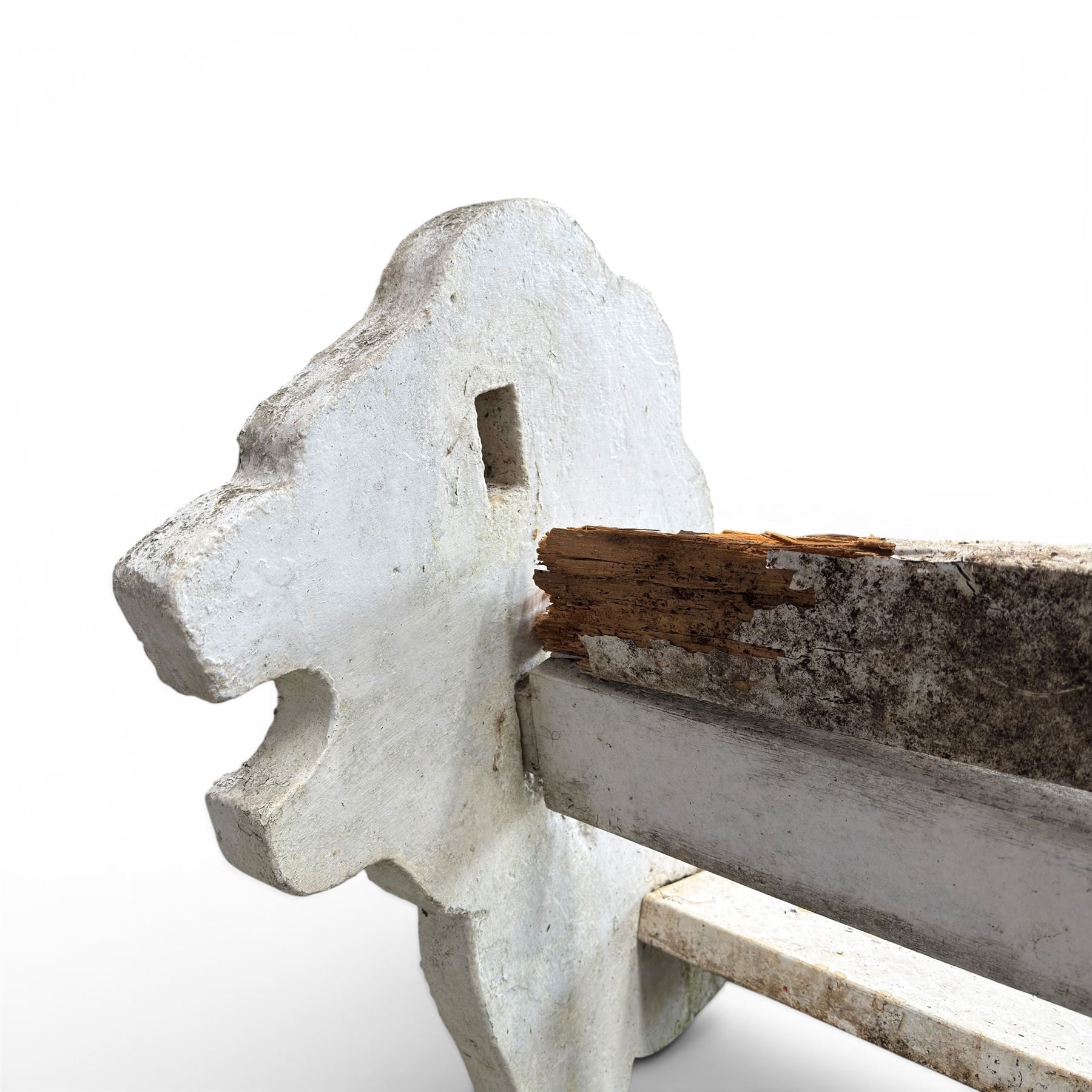 Composite stone white painted garden lion bench, the end supports in the form of standing lions, with pegged back and seat slats