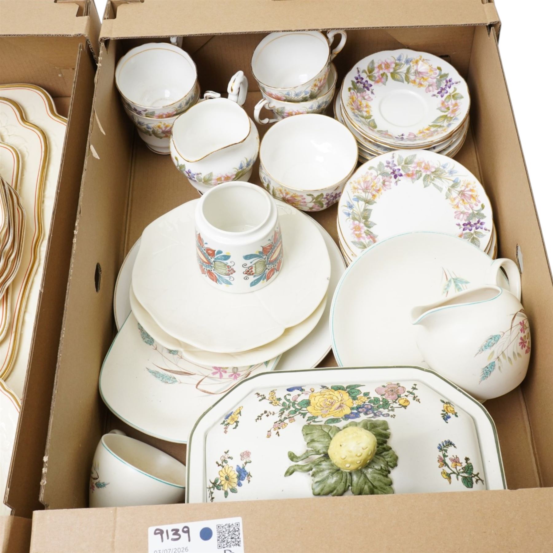 Crown Ducal Gainsborough pattern part dinner service, Paragon Country Lane pattern part tea set etc in two boxes