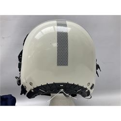 RAF Alpha MK 4 helicopter pilot's flying helmet, finished in white for civilian/rescue service use; reconditioned and avionics tested as working; black cloth cover to visor; fitted with boom microphone; medium size; in blue cloth carrying bag