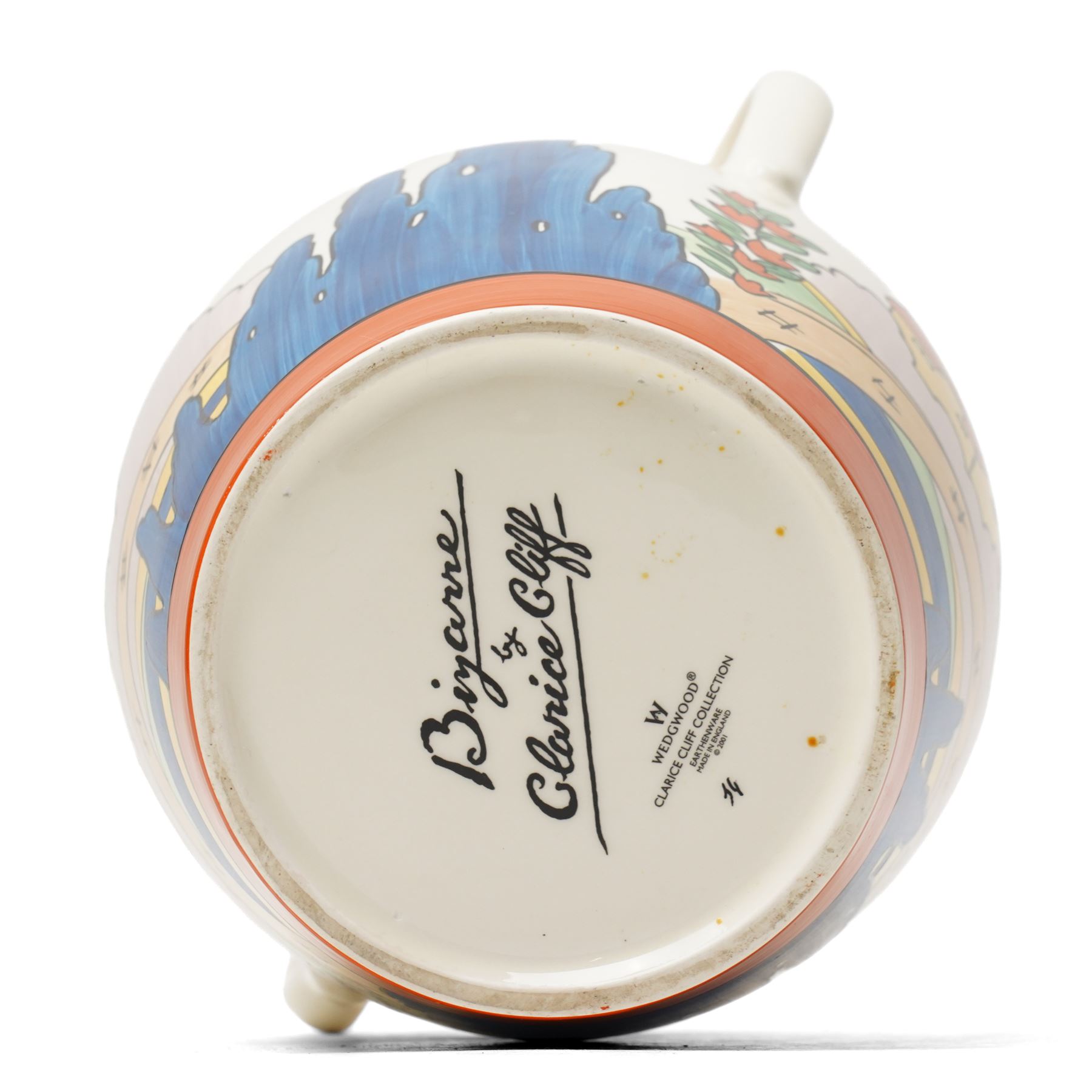 Wedgwood Bizarre by Clarice Cliff, twin-handled Lotus Jug, Orange Roofed Cottage, hand painted based upon an original, boxed, H31cm