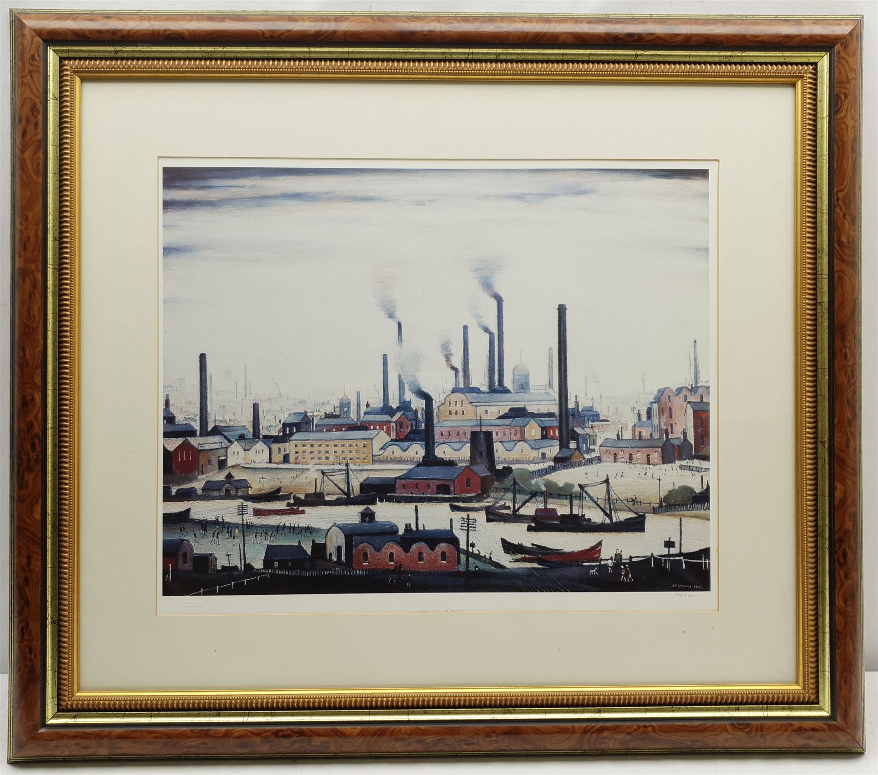 After Laurence Stephen Lowry (British 1887-1976): 'A River Bank', limited edition colour print No.592/850 with Henry Donn blindstamp, Henry Buckland COA verso 39cm x 50cm