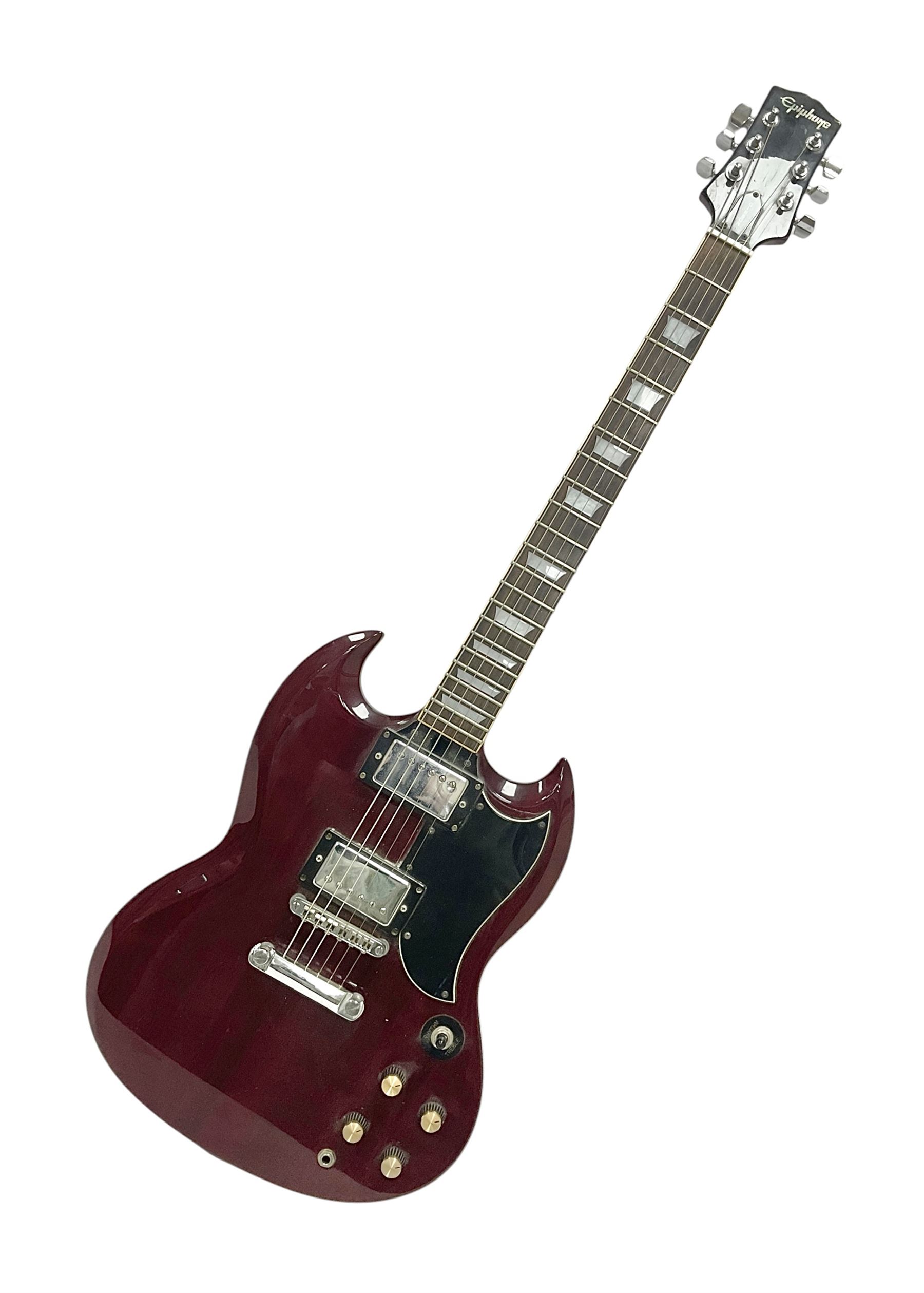 Gibson Epiphone SG six string electric guitar, with cherry red mahogany finish and black scratch guard, L102cm