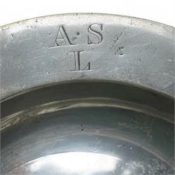 Collection of early 19th century and later British pewter, mostly London label marks, including two large pewter chargers, medicine spoon, flasks, plates and other tableware