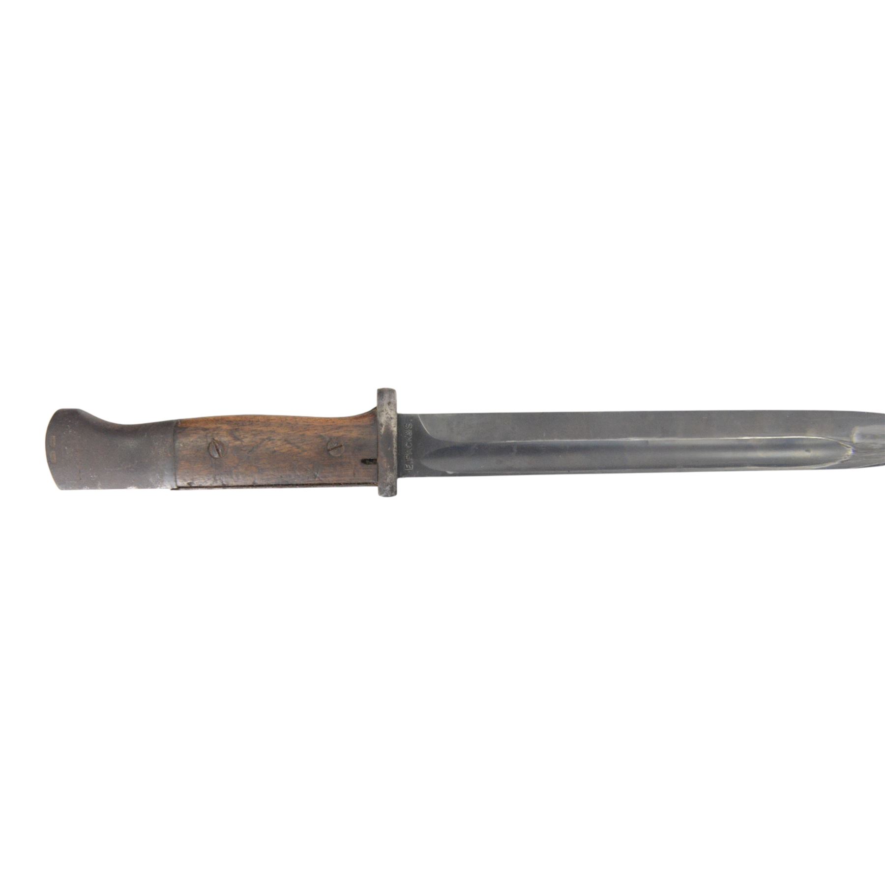 German K98 bayonet, by E Pack & Sohne, the 25cm blade stamped to the ricasso 6442, E Pack & S, in steel scabbard also marked 6442, with leather frog, overall L41cm