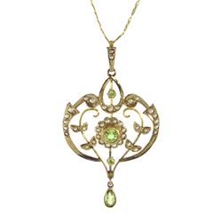 Edwardian 9ct gold peridot and pearl pendant, on later 18ct gold fancy infinity link chain necklace, both stamped