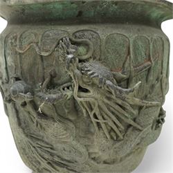 Late 19th/Early 20th Japanese bronze jardiniere, decorated with a raised pattern of dragons chasing flaming pearls H35cm x D36cm