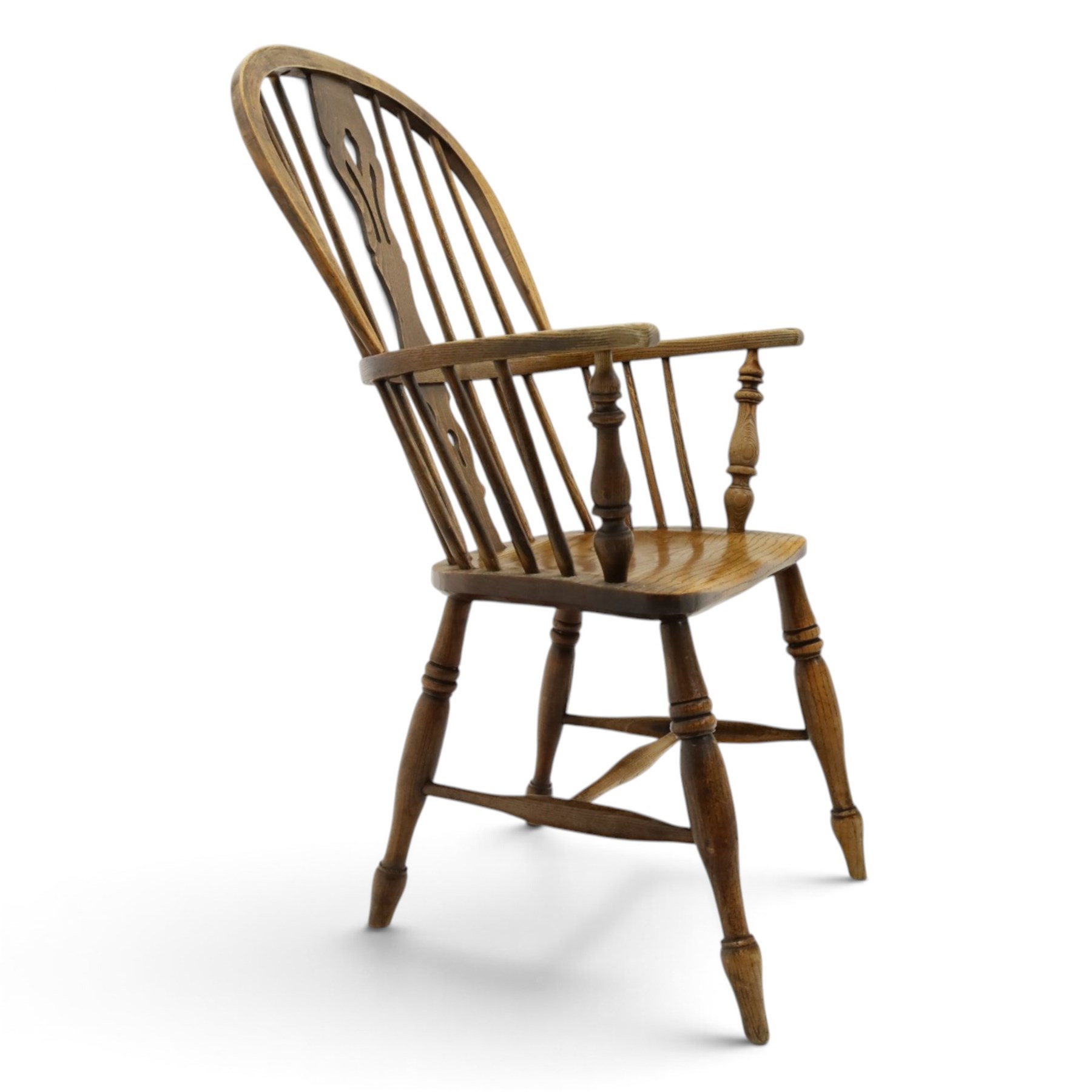 Early 20th century elm and ash high-back Windsor chair, double hoop-and-stick back with pierced and shaped splat, on turned supports joined by H-stretcher