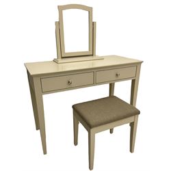 White finish two drawer dressing table, with mirror and stool