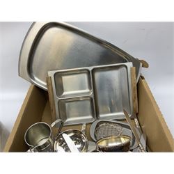 Walker & Hall silver plated ladle, glass hip flask with leather cover and silver plated cap, other silver plate to include cutlery, other metalware etc