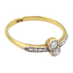 Art Deco 18ct gold milgrain set two stone old diamond crossover ring with rose cut diamond set shoulders