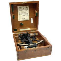 Kelvin & Hughes Ltd. sextant with black crackled finish, brass and silvered graduated arc and various coloured glass filters, serial no.61365, in fitted mahogany carrying box, certificate dated 1954, box W28cm, H14.5cm
