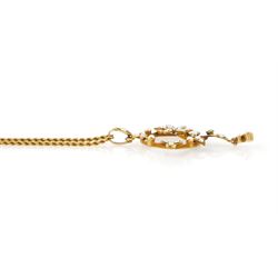 Early 20th century 15ct gold pearl, diamond and garnet pendant necklace, the flower wreath pendant, set with split pearls, a single old cut diamond  and green garnet, on a rope twist necklace, both stamped 15c
