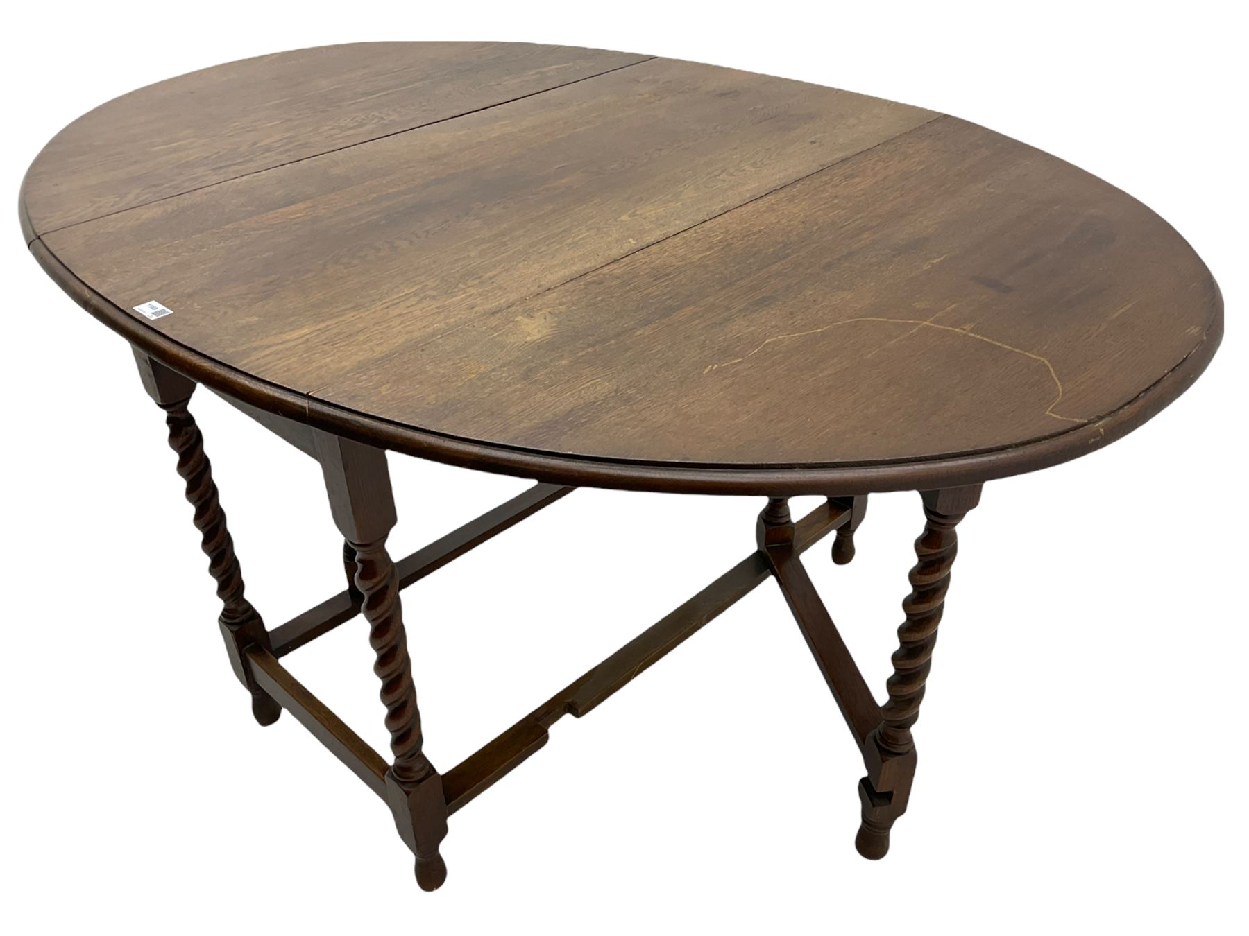 Early 20th century oak barley twist drop leaf dining table (105cm x 154cm, H74cm), and four chairs 
