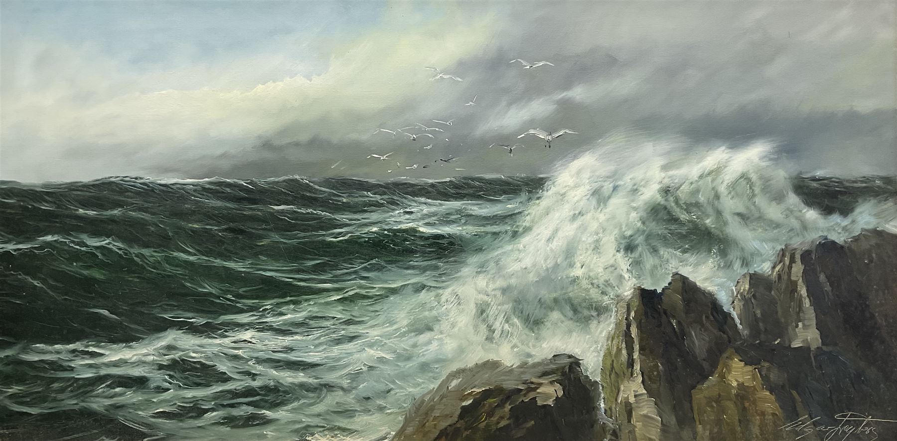 Edgar Freyberg (German 1927-2017): 'Surf' Waves Breaking on a Crag, oil on canvas signed, titled on label verso 50cm x 100cm