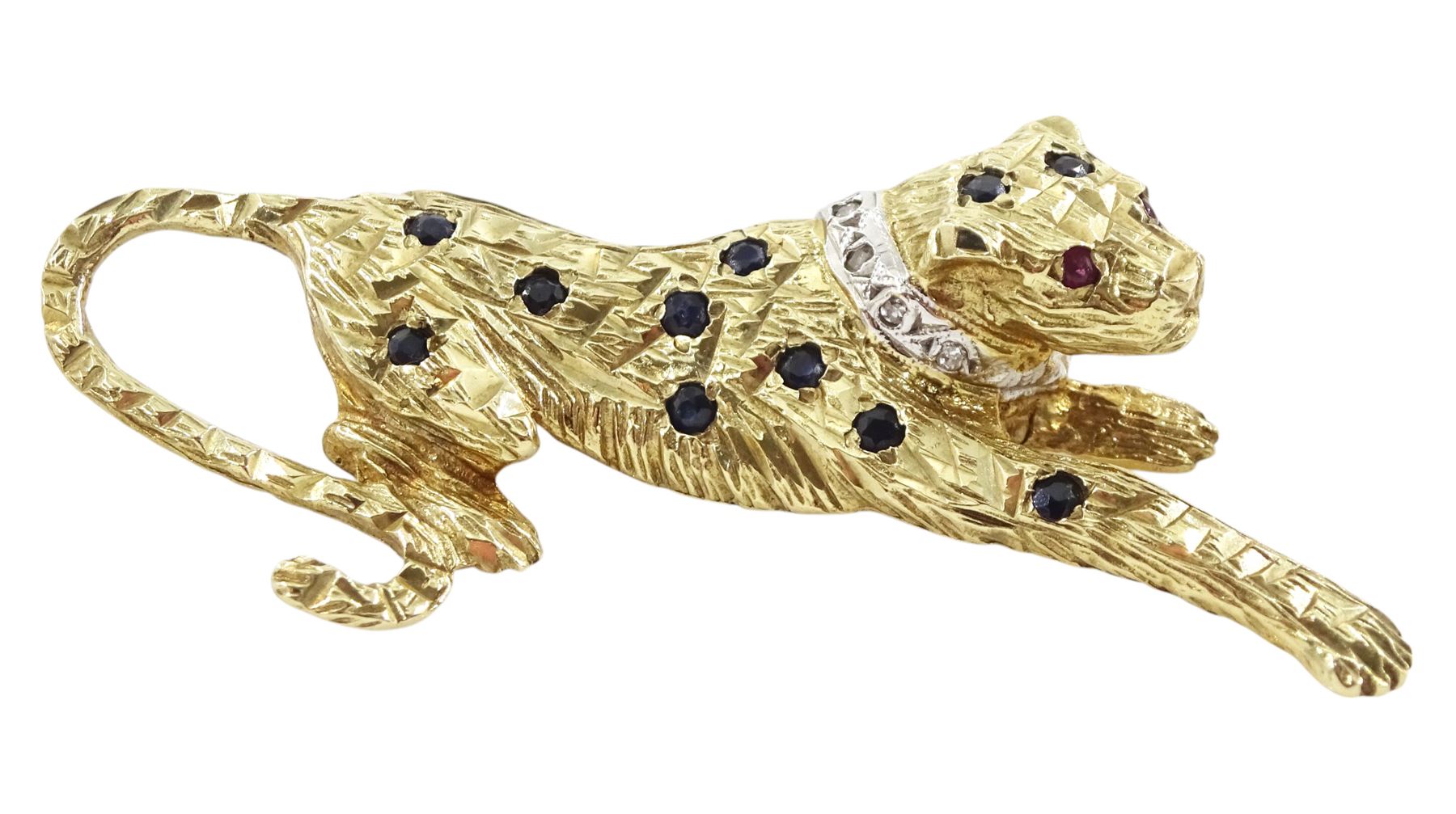 9ct gold sapphire, ruby and diamond leopard brooch, hallmarked