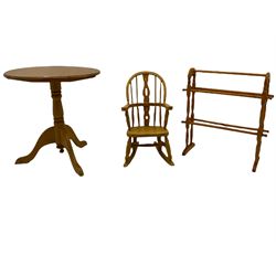 Pine tripod table, towel rail and a child’s Windsor rocking chair (3)