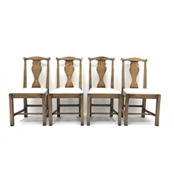 Set eight Georgian style distressed light oak chairs with upholstered removable seat pads, two carver chairs and six side chairs, W61cm & W48cm