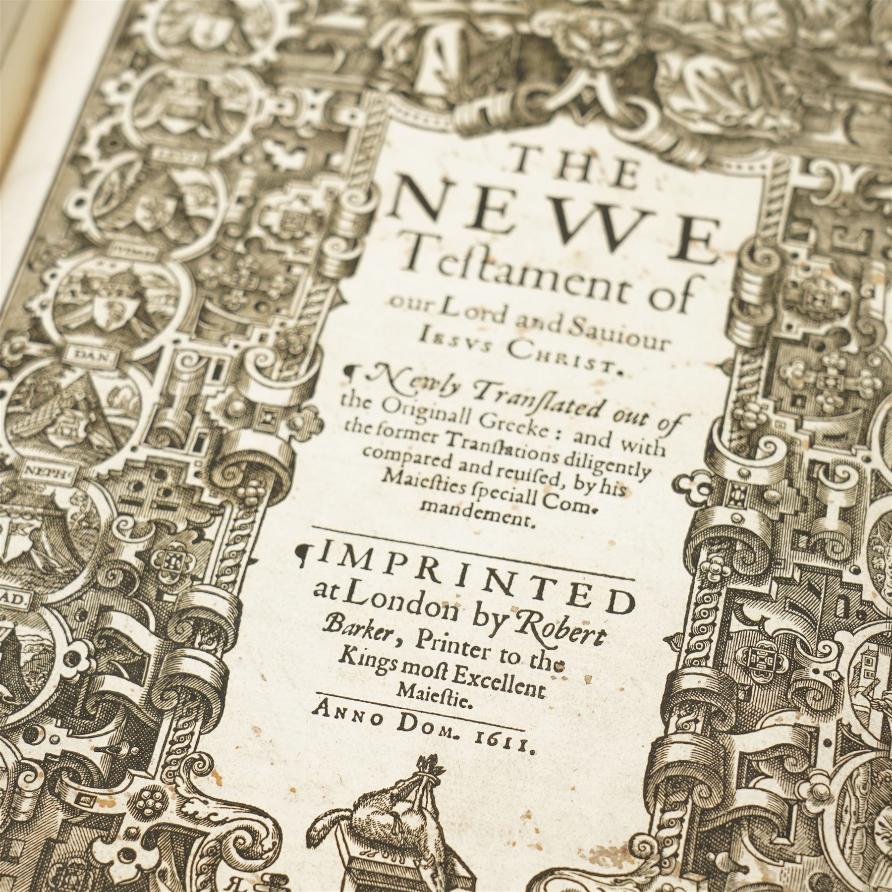 1611 King James Bible: The Great 'He' Bible. 'The Holy Bible Conteyning the Old Testament and the New'. London: Robert Barker, 1611. Folio (44cm × 29cm) Black-letter text in double columns, woodcut initials and ornaments, genealogies of Holy Scripture with engraved Adam and Eve family tree, and the separate engraved title to 'The Newe Testament of our Lord and Saviour Iesus Christ, dated 1611. Bound in full calf with ribbed spine.

First edition, first issue of the King James 'He' Bible, containing the erroneous reading 'and he went into the citie' in Ruth 3:15. Commissioned by King James I and printed by Robert Barker, this monumental translation became the most influential work in the English language, shaping its religious and literary tradition for more than four centuries.