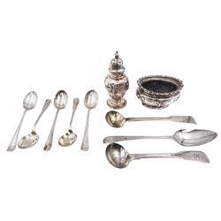 Early 20th century silver pepper shaker and open salt, each embossed with ribbons and swags, hallmarked Walker & Hall, Sheffield 1912, together with a set of five 1920s silver Hanoverian pattern coffee spoons, hallmarked Cooper Brothers and Sons Ltd, Sheffield 1927  and three other hallmarked silver spoons