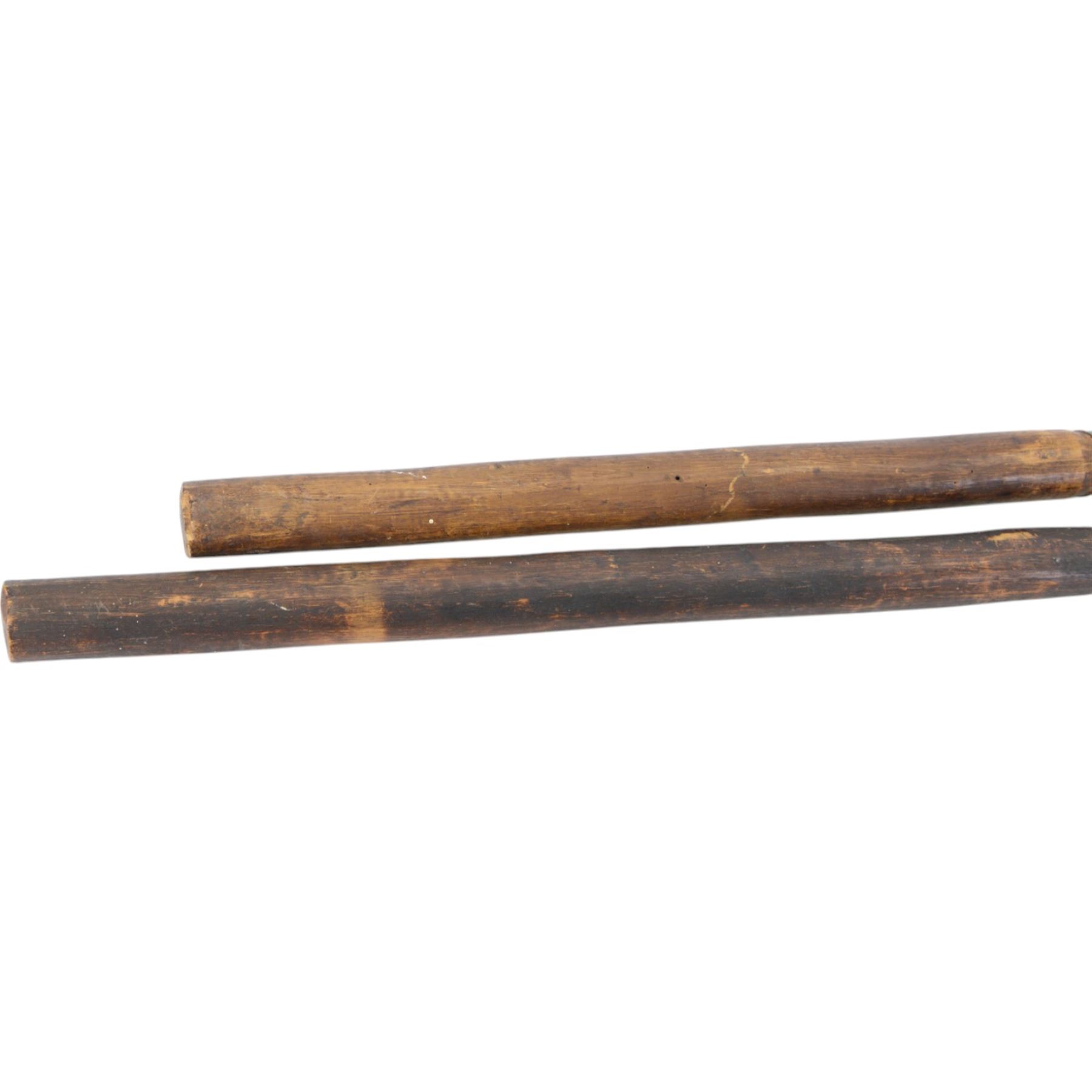 Maasai shield, made of hide, with white, red and black pigment decoration, the back attached to a wooden frame with hide stitching, together with two Maasai spears, shield H70cm, spears L120cm