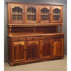  Large hardwood dresser, raised display cabinets with lead glazed doors, four drawers and four panelled doors, W205cm, H201cm, D47cm  