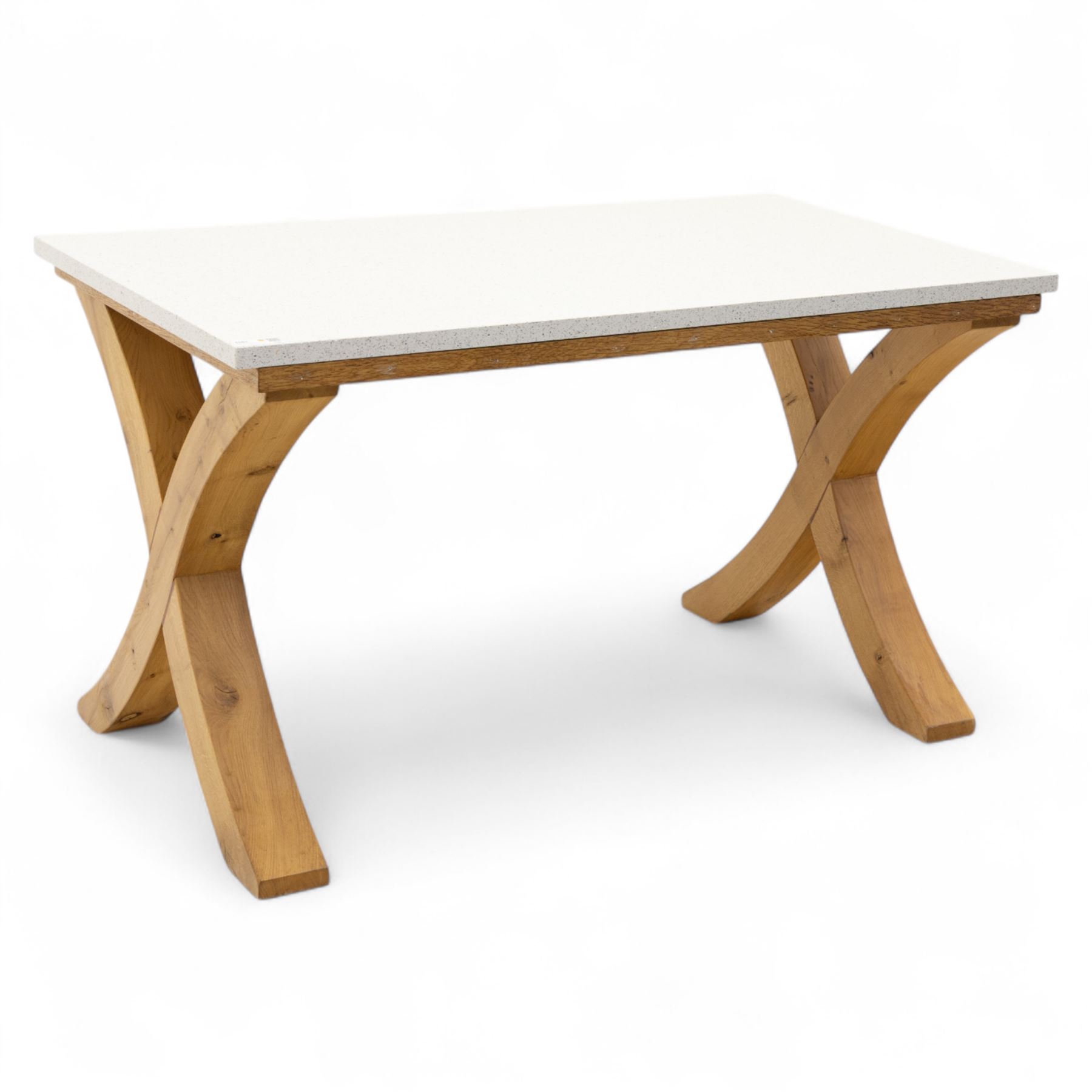 Kitchen dining table, rectangular, speckled quartz and marble composite top on a solid oak x-from base 