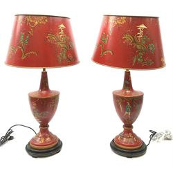 A pair of 21st century red toleware style table lamps with shades, with chinoiserie decoration, overall H78.5cm.