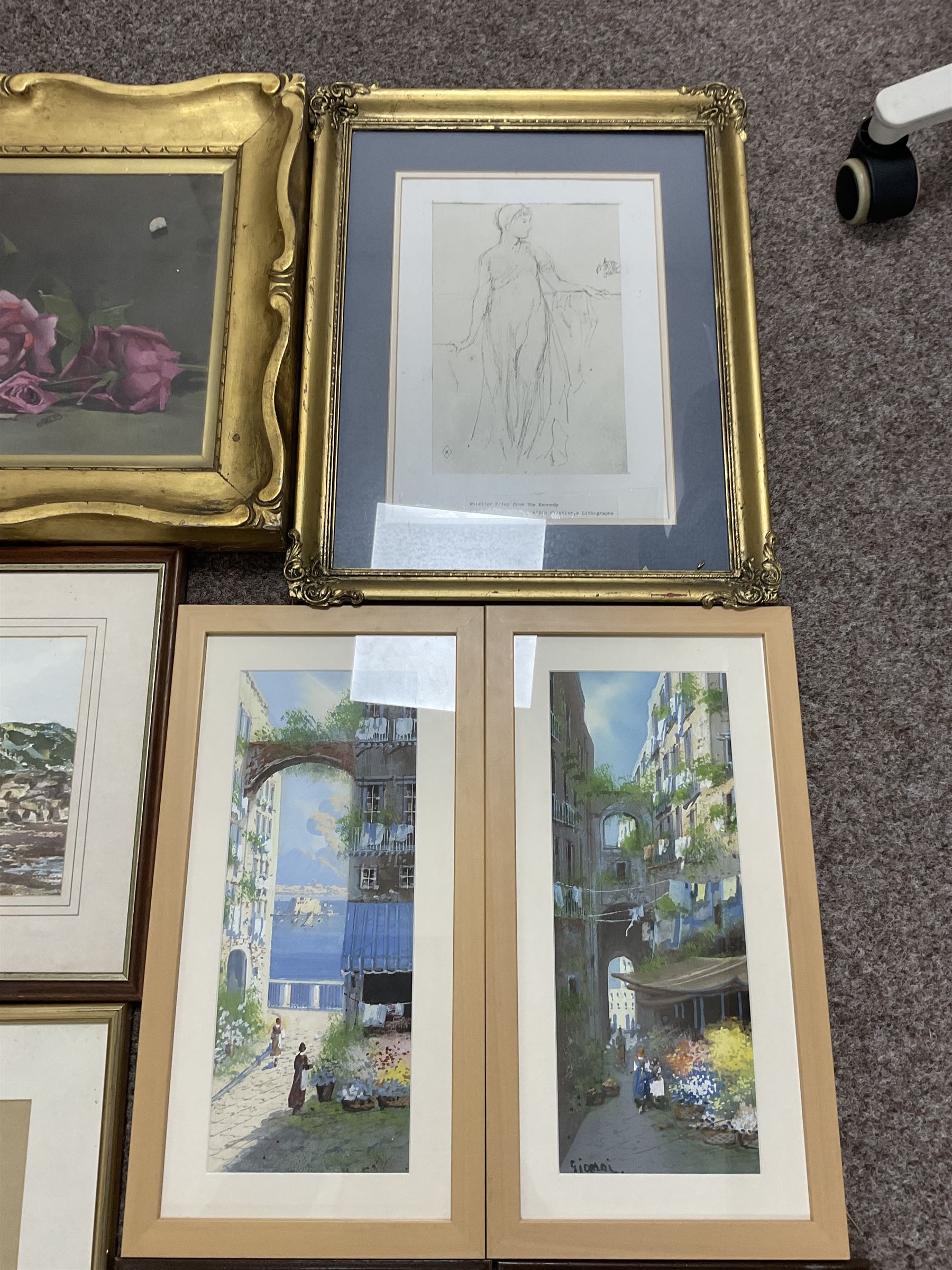 Collection of watercolours and other pictures, artists including FW Ridley (pair), AD Bell (pair unframed), James Orrock, Mel Fowler, Gianni, Michael Major (of Scalby Mills near Scarborough), still life oil in gilt frame, Whistler print, Japanese paintings on silk, etc