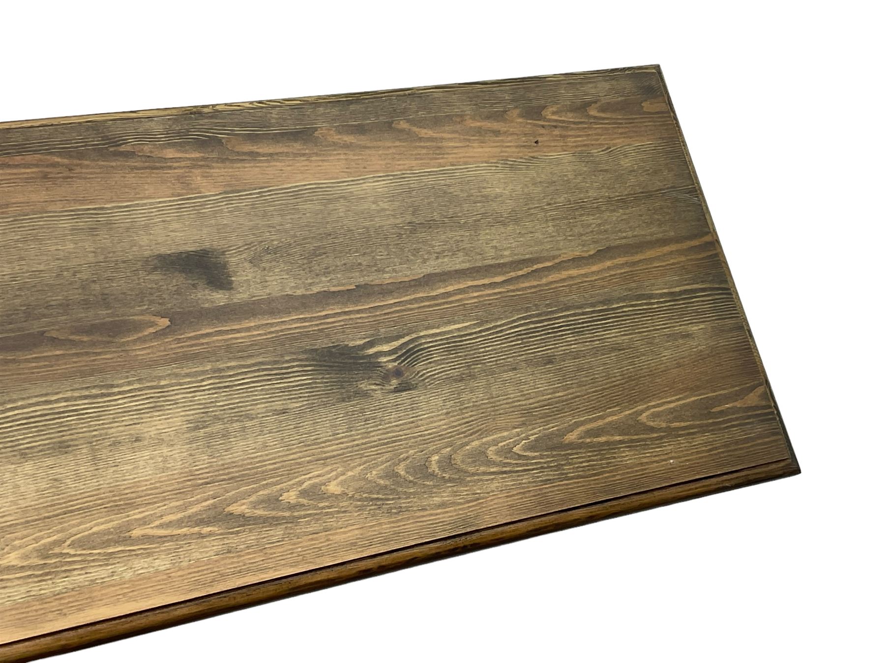 Pine kitchen dining table, rectangular moulded top on painted base, square tapering supports (180cm x 85cm, H78cm); and two matching benches 