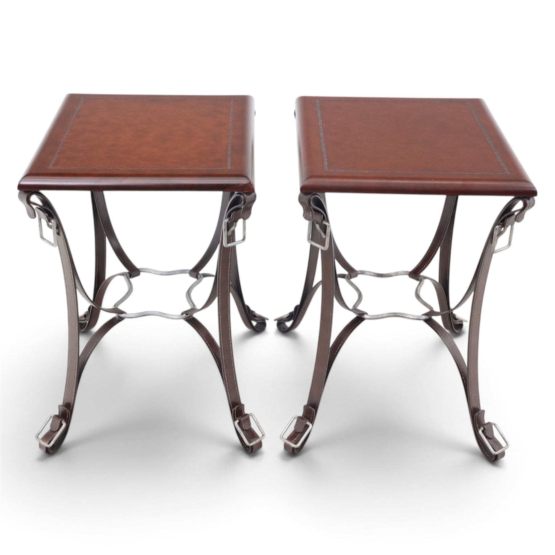 And So To Bed - pair of 'Handel' bedside or lamp tables, faux leather metal supports