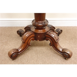  19th century mahogany folding tea table, single column support on four scrolled feet, W93cm, H78cm, D91cm (max measurements)  
