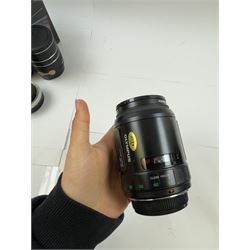 Group of camera lenses by various makers, including Vivitar 19mm 1:3.8 MC wide angle lens serial no. 97040355, boxed, Kestrel MC Auto Zoom 1:4.5 f=80-205mm lens serial no. 710269, Tokina SD 70-210mm 1:4-5.6 lens serial no. 8805753, Osawa MC 1:4.5 80-205mm Macro lens serial no. 5223217, Olympus AF zoom 28-85mm 1:3.5-4.5 lens serial no. 516854, Hanimex Tele-Lens 1:2.8 f=135mm lens serial no. H61532, together with converters and other accessories