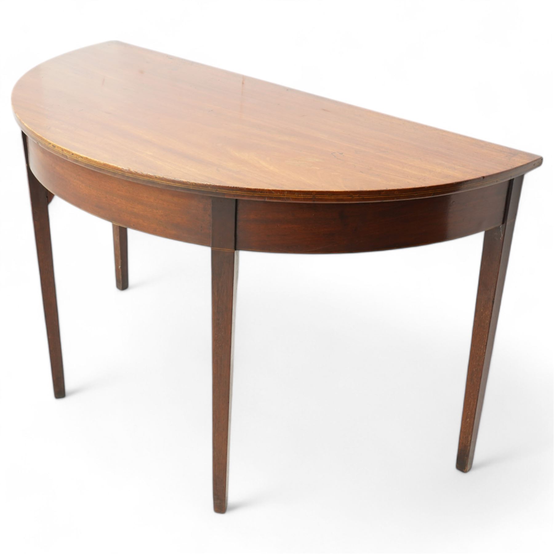 George III mahogany D-end side table, inlaid with boxwood and ebony stringing, on square tapering supports