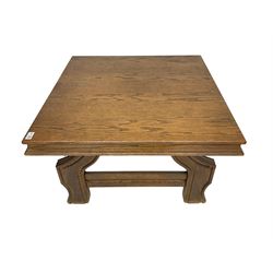 Square oak coffee table on shaped moulded base