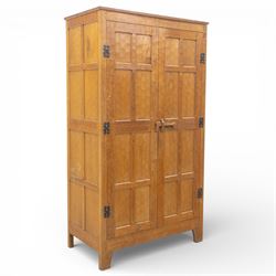 Acornman - oak adzed panelled double wardrobe, with wrought iron hinges and carved oak lat...