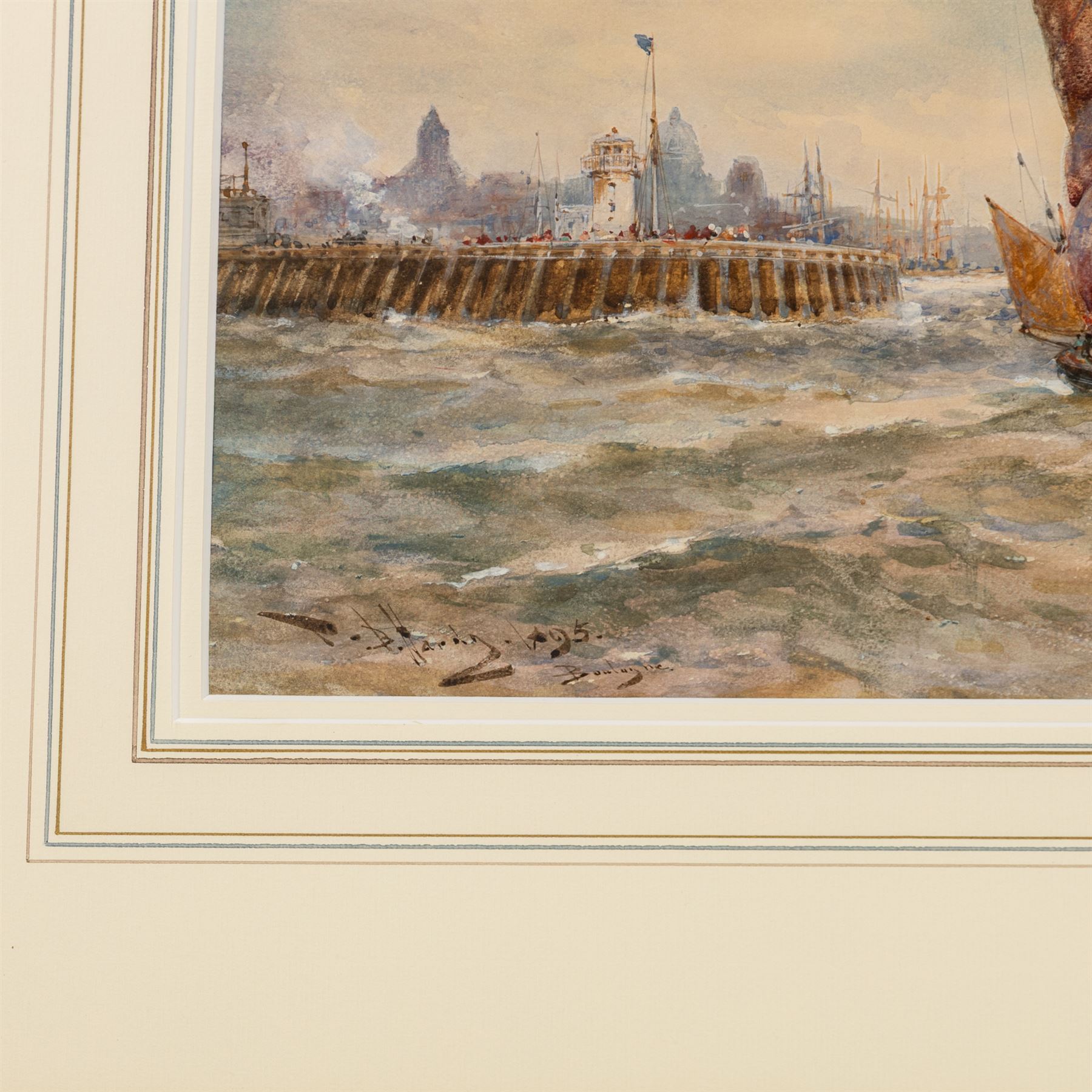 Thomas Bush Hardy (British 1842-1897): 'Boulogne' with Steam Tug and Sailing Boats at the Harbour Mouth, watercolour signed titled and dated '95, 21,5cm x 69cm