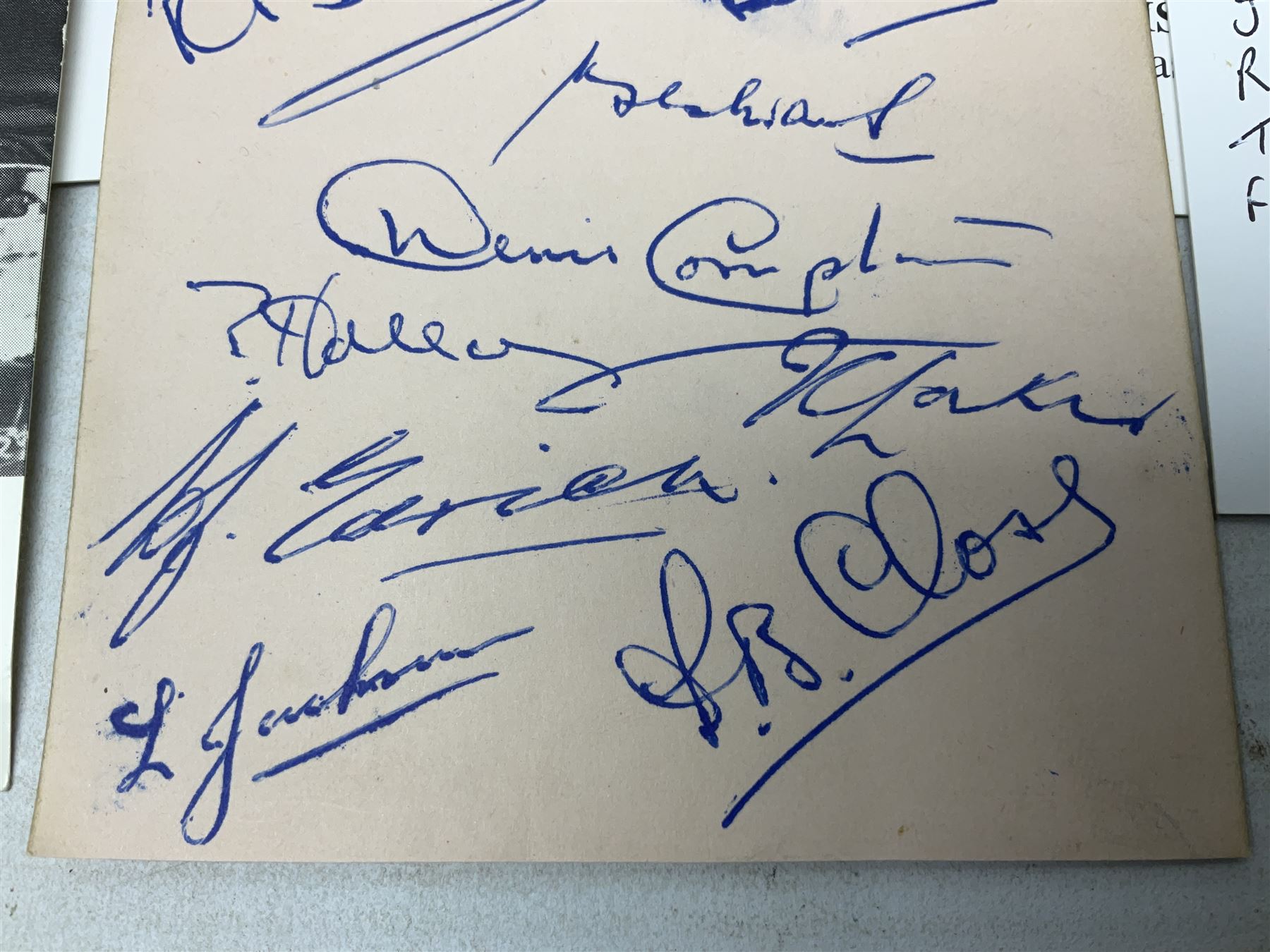1949 England cricket team signatures including Hutton, Compton, Edrich, Laker etc on loose album page; and large quantity of other autographs of predominantly TV Soap Opera stars from Last of the Summer Wine, Eastenders, Emmerdale, Coronation Street, Heartbeat etc and other TV/Film personalities; on promotional photographs and clipped fragments of paper etc